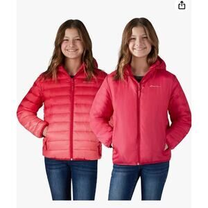 Eddie Bauer girls ombre pink reversible down jacket hooded large 14/16 NWT coat
